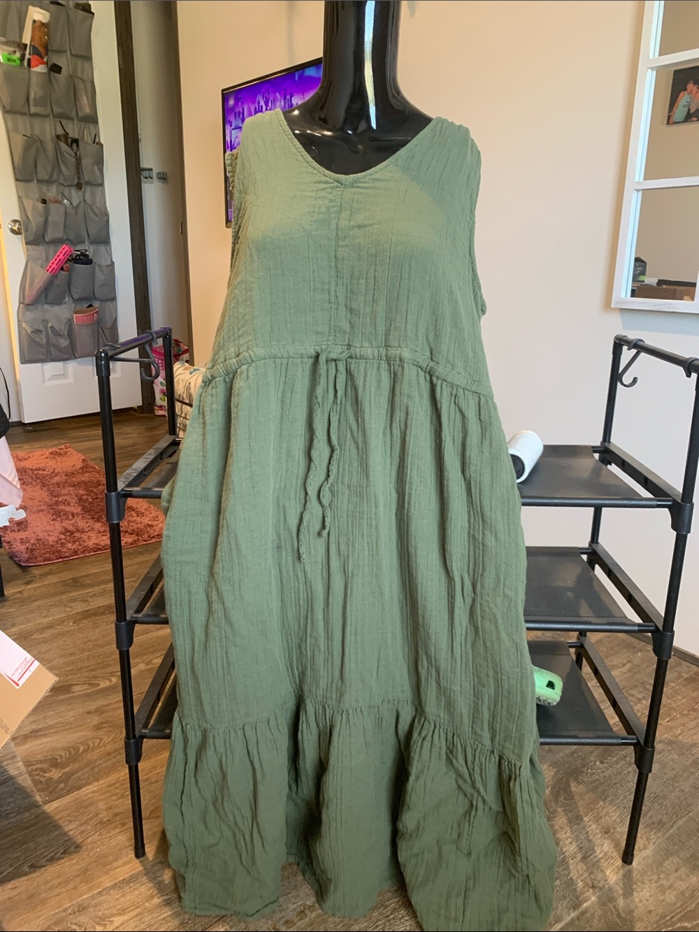 #74 Time and Tru Olive Green Tiered Sleeveless Midi Dress